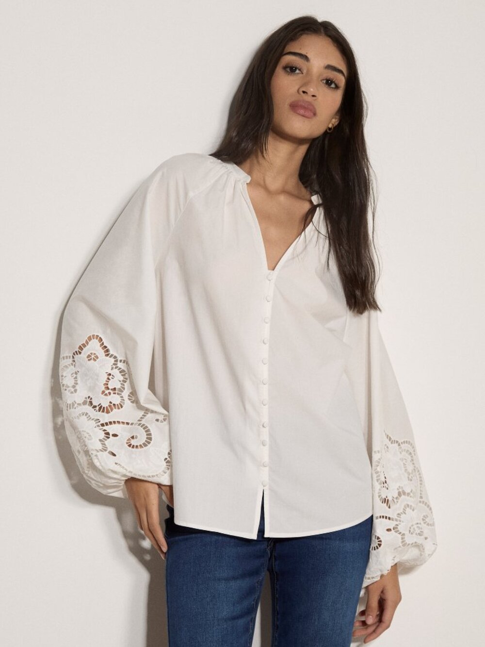 Cotton Poplin Blouse with Eyelet Floral Sleeve